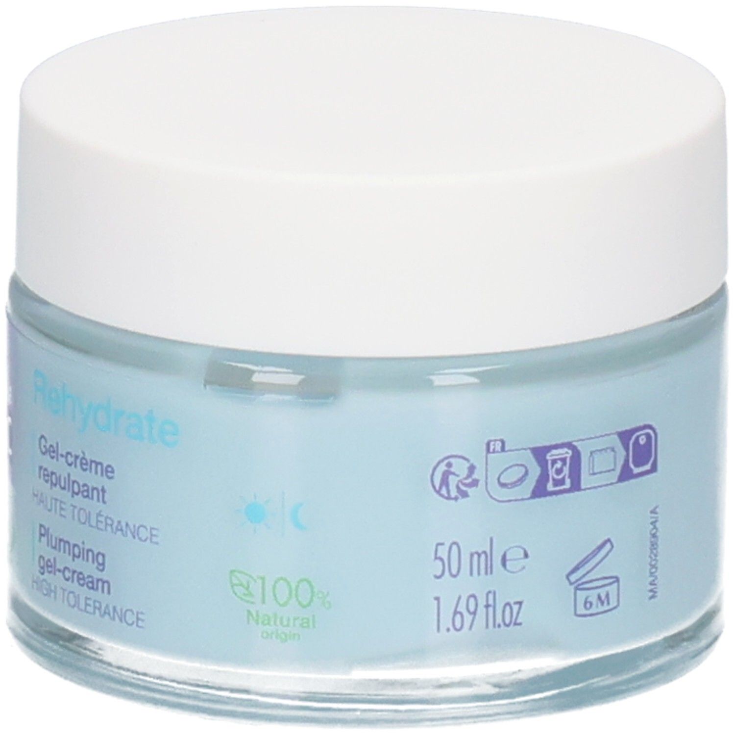 Pot de crème bleu avec couvercle blanc. Inscriptions: Rehydrate, 50 ml, 1.69 fl.oz, 100% Natural origin.