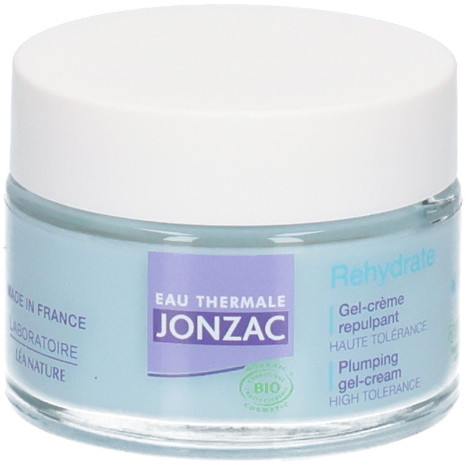Pot de crème bleu avec couvercle blanc. Inscriptions: Eau Thermale Jonzac, certification bio, Rehydrate.