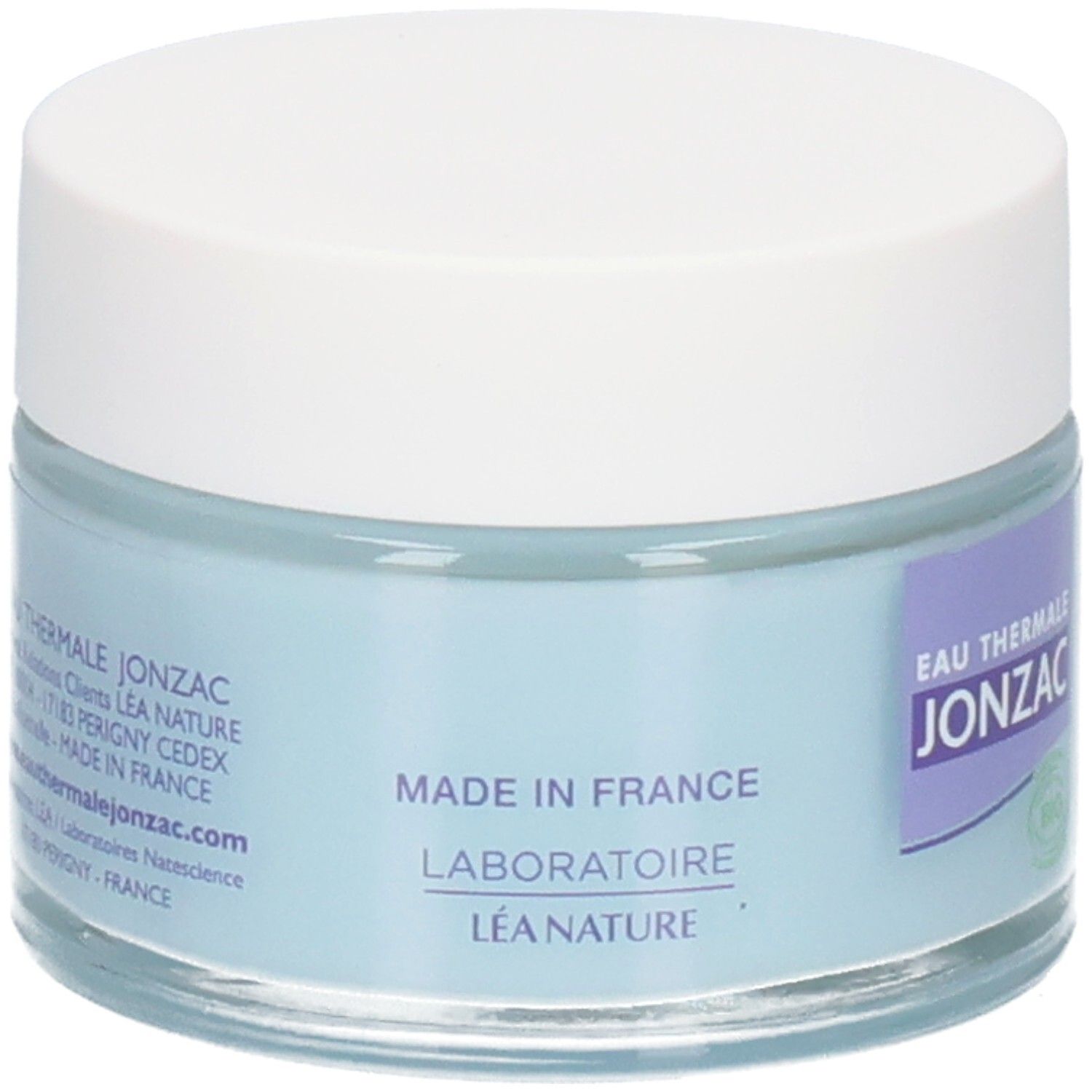 Pot de crème bleu avec couvercle blanc. Inscriptions: Eau Thermale Jonzac, Made in France, Laboratoire Léa Nature.