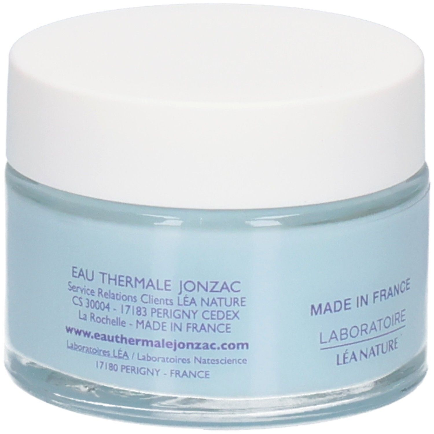Pot de crème bleu avec couvercle blanc. Inscriptions: Eau Thermale Jonzac, Made in France, Laboratoire Léa Nature.