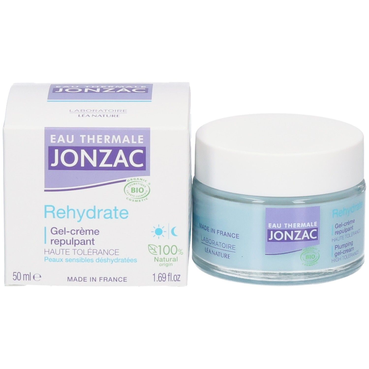 Pot de crème et boîte. Inscriptions: Eau Thermale Jonzac, Rehydrate, 50 ml, 1.69 fl.oz, certification bio.