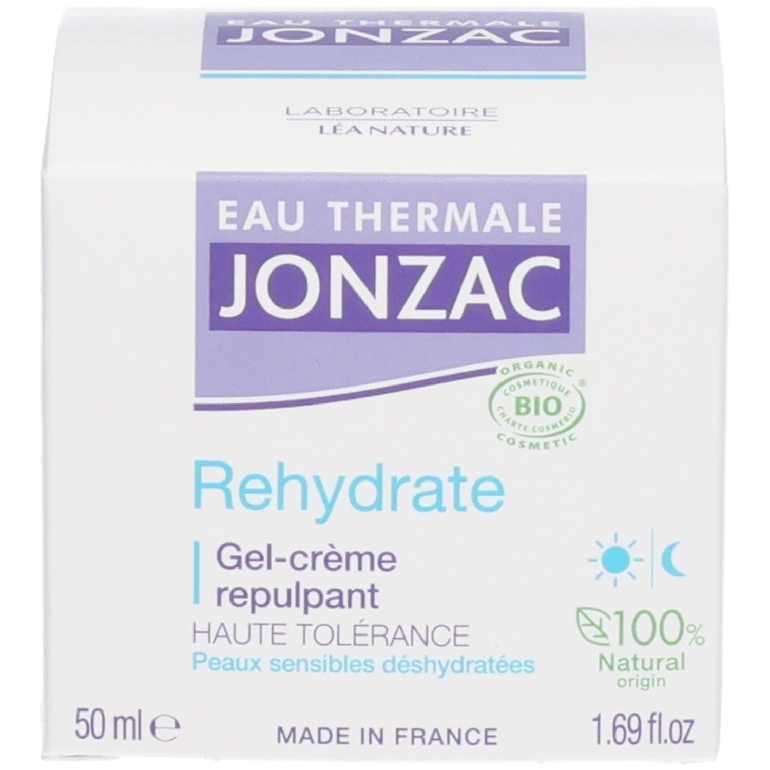 Boîte blanche. Inscriptions: Eau Thermale Jonzac, Rehydrate, 50 ml, 1.69 fl.oz, certification bio.