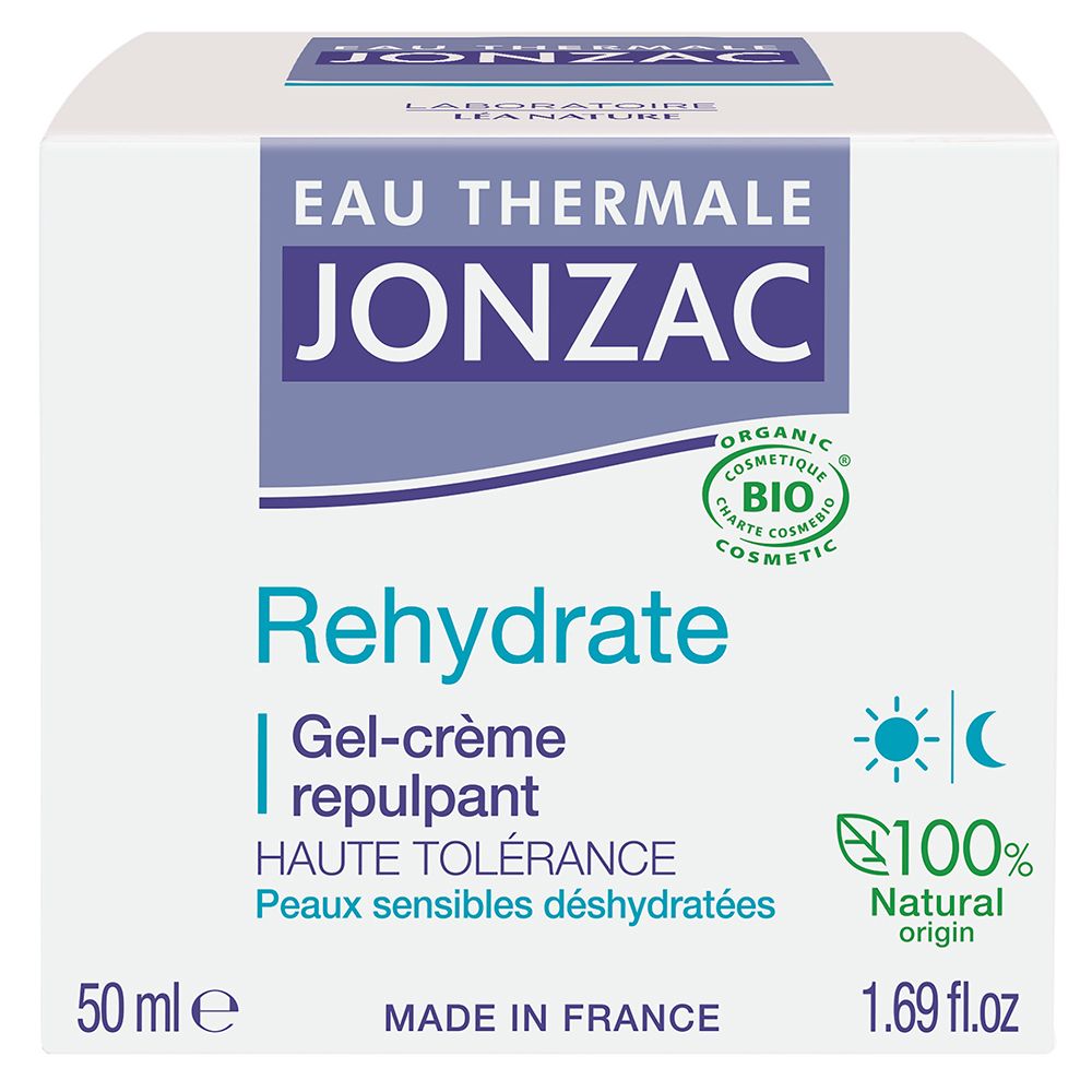 Emballage de la Jonzac Rehydrate Gel-crème. 50 ml. Fabriqué en France. 100% d'origine naturelle.