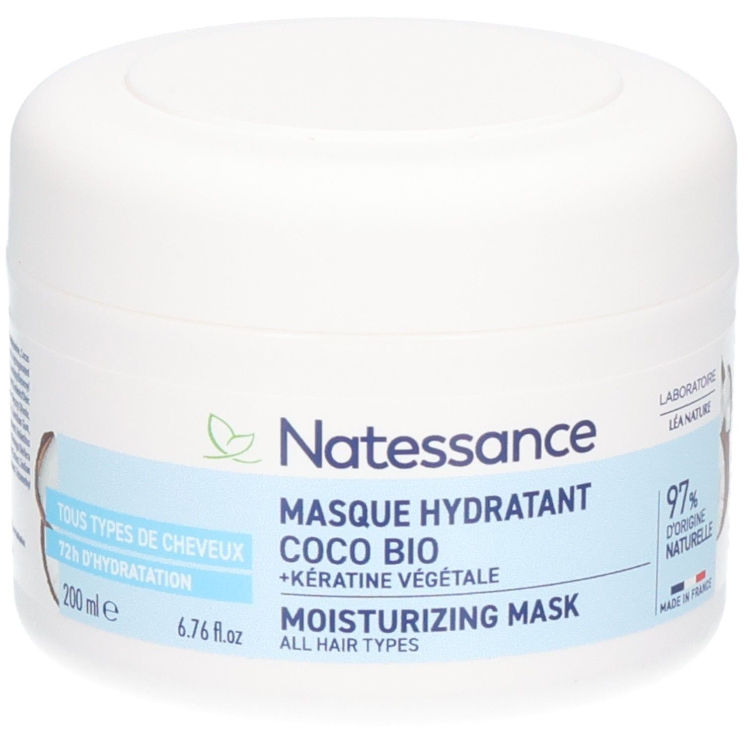 Pot blanc avec couvercle. Inscription: Natessance, Masque Hydratant Coco Bio, 72h d'hydratation, 97% d'origine naturelle.