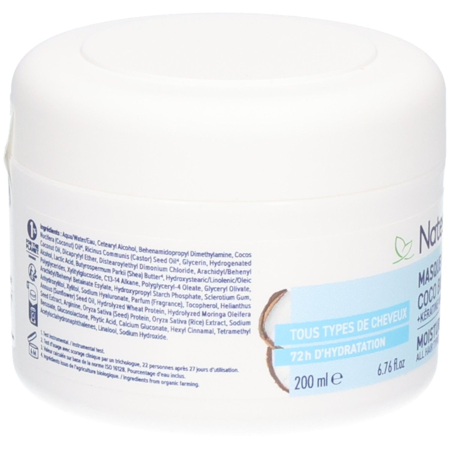 Dos du pot blanc. Liste des ingrédients et texte. Inscription: 72h d'hydratation, 200 ml, 6.76 fl.oz.