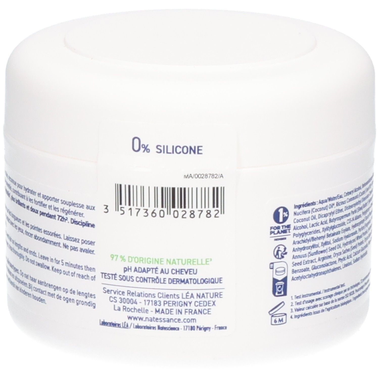 Dos du pot blanc. Inscription: 0% Silicone, 97% d'origine naturelle, pH adapté au cheveu.