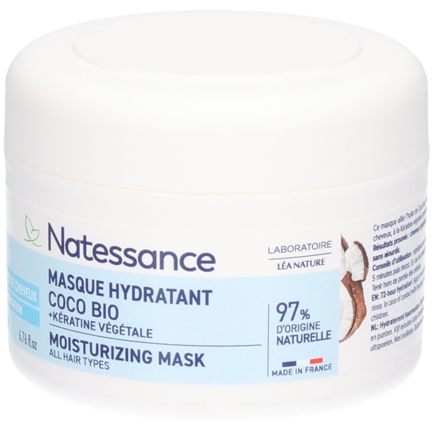 Pot blanc avec couvercle. Inscription: Natessance, Masque Hydratant Coco Bio, 97% d'origine naturelle, Made in France.