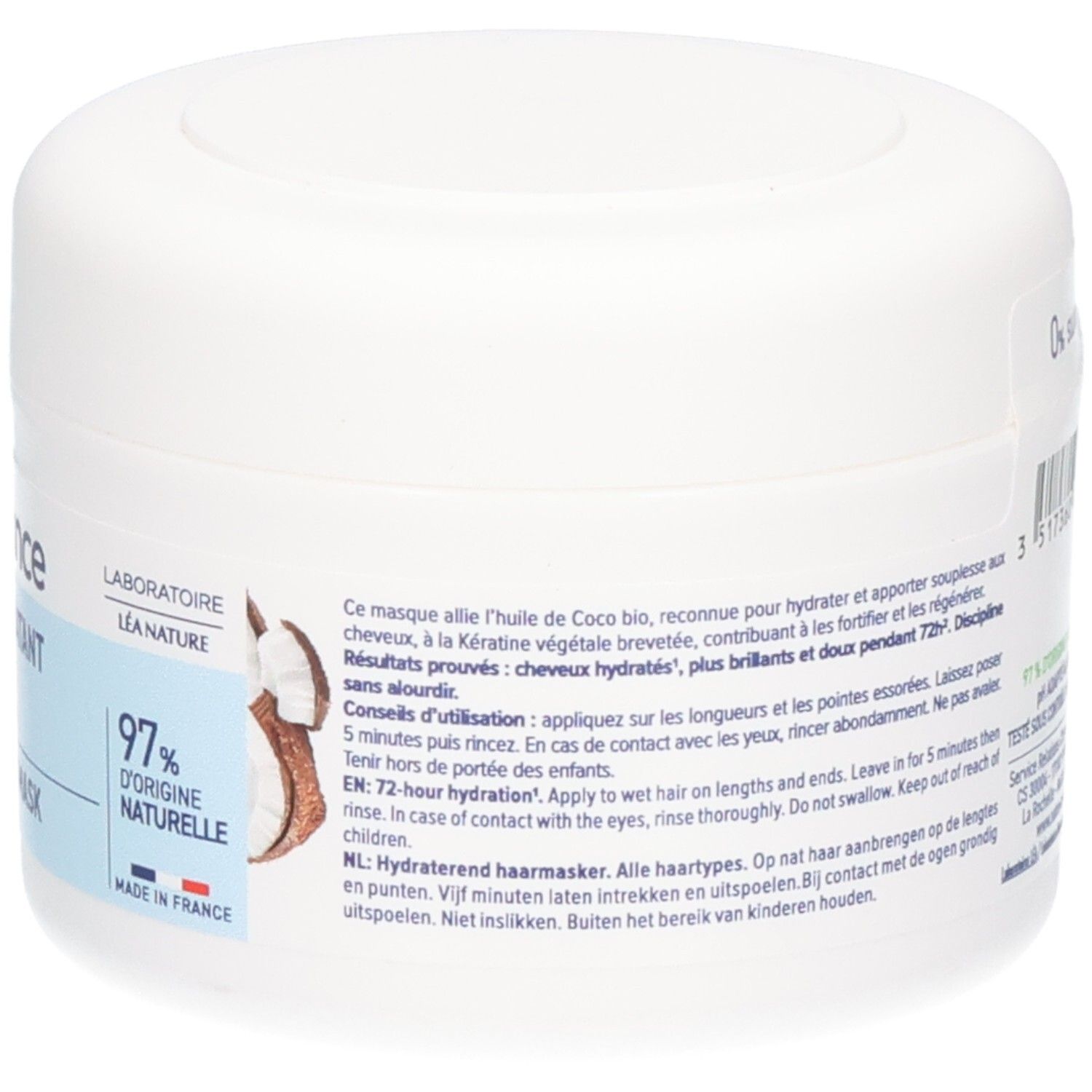 Dos du pot blanc. Texte et instructions. Inscription: 97% d'origine naturelle, Made in France.