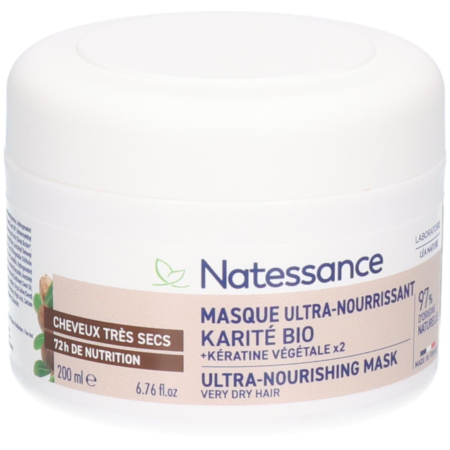 Pot blanc avec couvercle. Inscription: Natessance, Masque Ultra-Nourrissant, Karité Bio, 72h Nutrition. 97% d'ingrédients naturels.