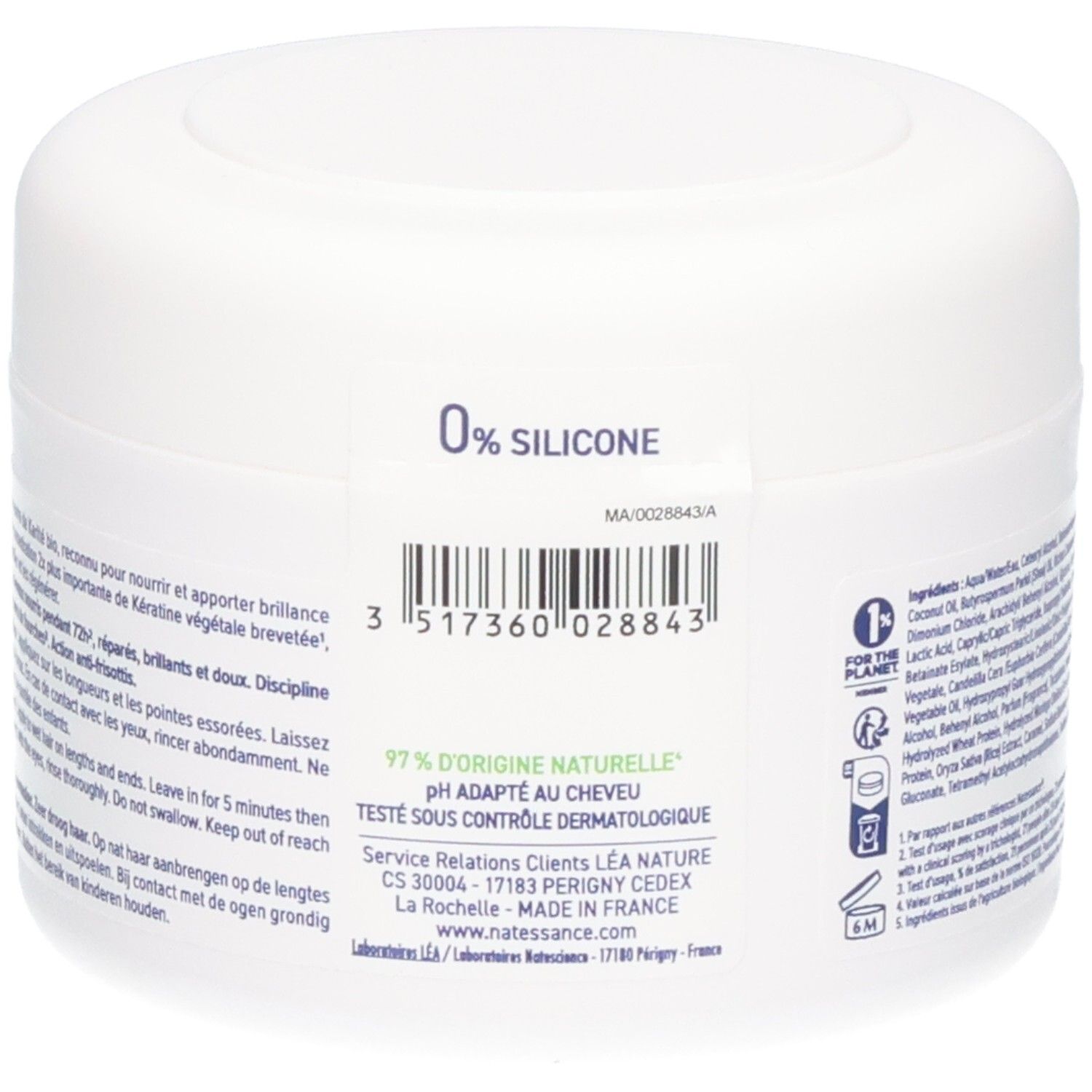 Dos du pot blanc. Inscription: 0% Silicone, code-barres, 97% d'origine naturelle, pH adapté. Texte en français.