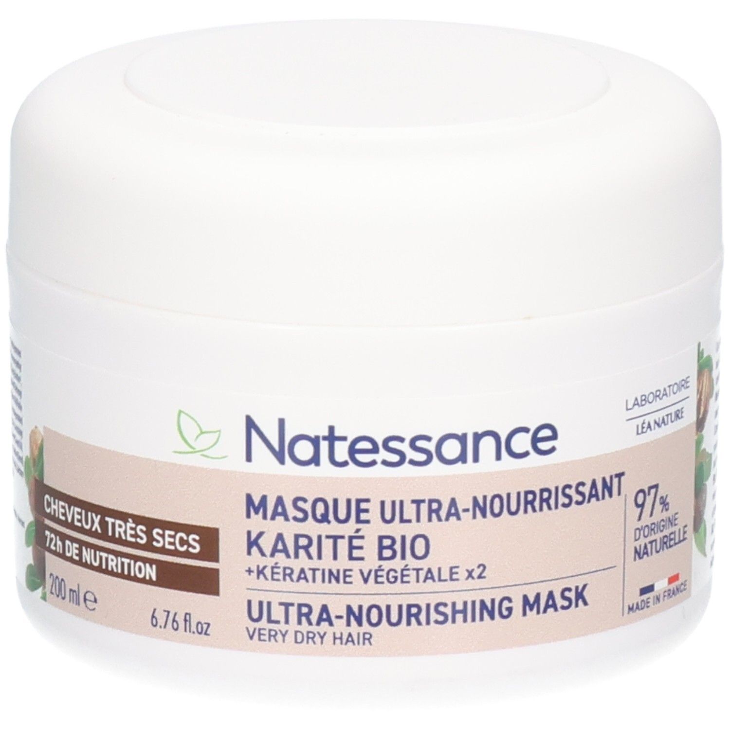 Pot blanc avec couvercle. Inscription: Natessance, Masque Ultra-Nourrissant, Karité Bio, 72h Nutrition. 97% d'origine naturelle.