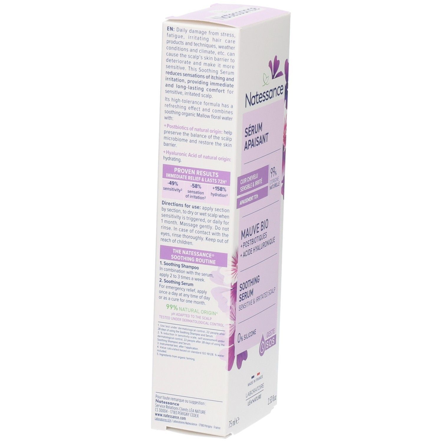 Dos de la boîte NATESSANCE SERUM APAISANT. Texte en anglais et français. Contient des informations d'utilisation.