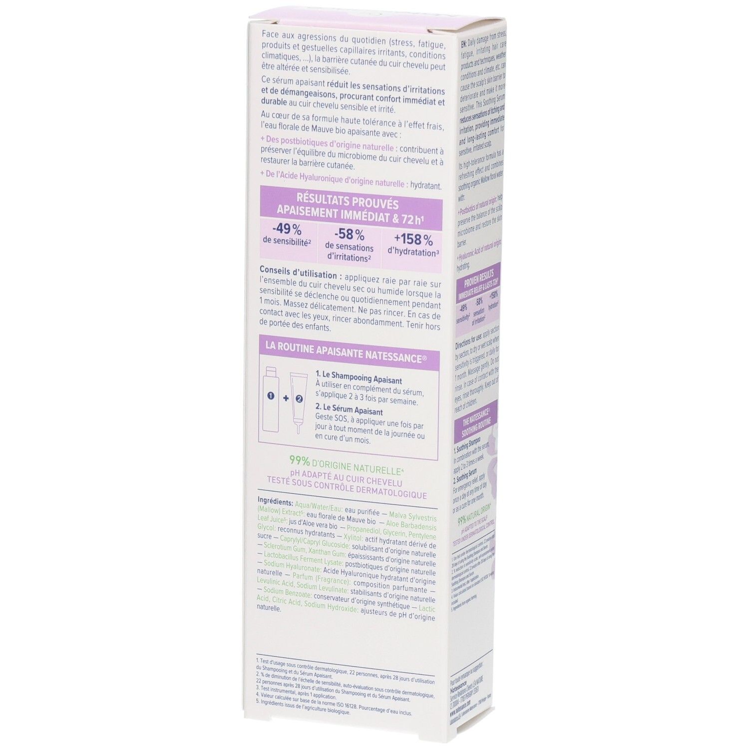 Dos de la boîte NATESSANCE SERUM APAISANT. Texte en français. Contient informations d'utilisation et ingrédients.