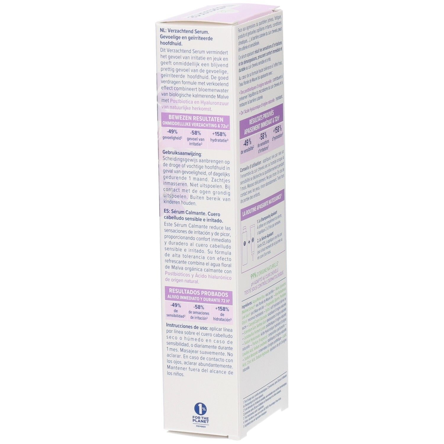 Côté de la boîte NATESSANCE SERUM APAISANT. Texte en néerlandais et espagnol. Contient des informations d'utilisation.