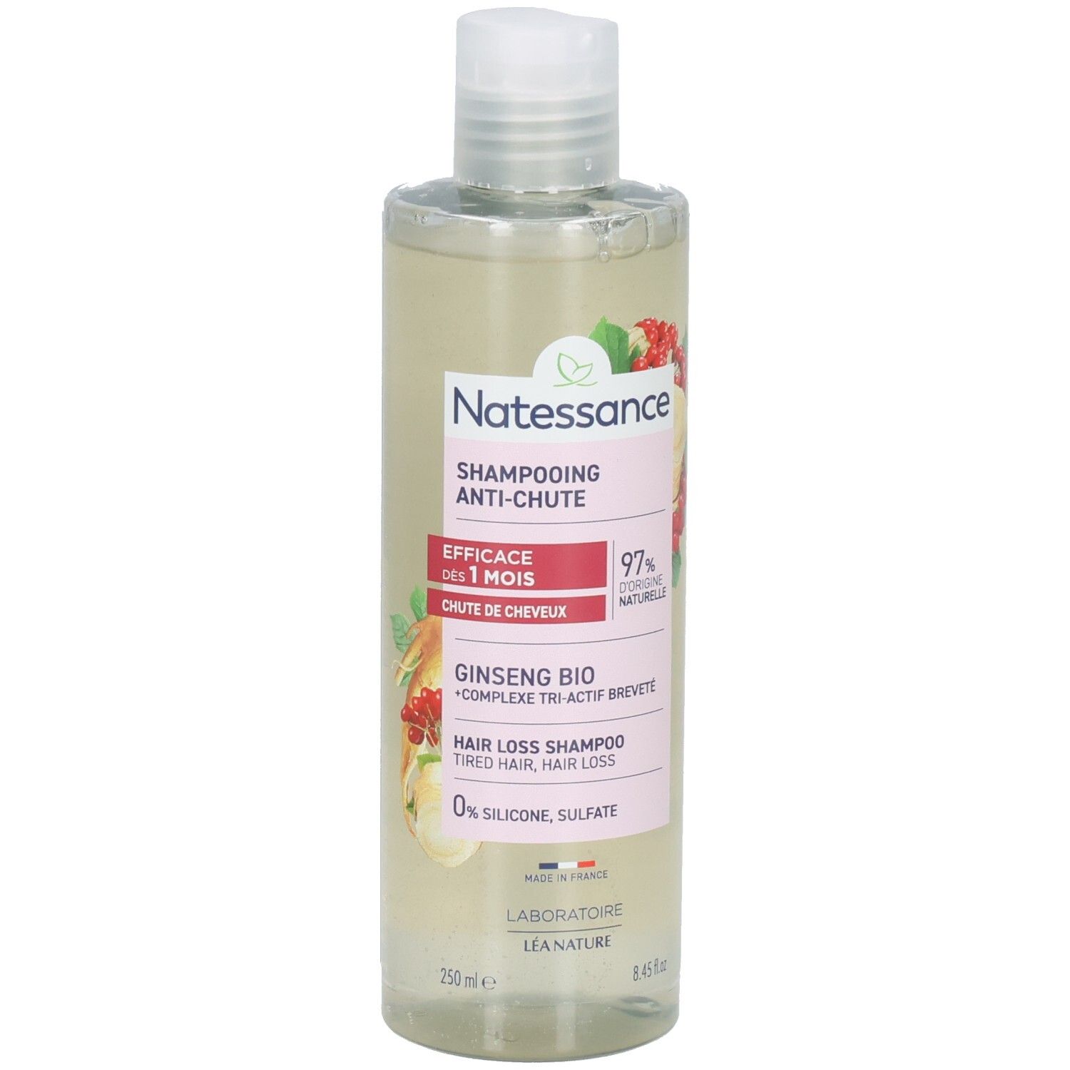 Flacon transparent, bouchon blanc. Étiquette avec nom du produit, ingrédients et logo. 97% ingrédients naturels.