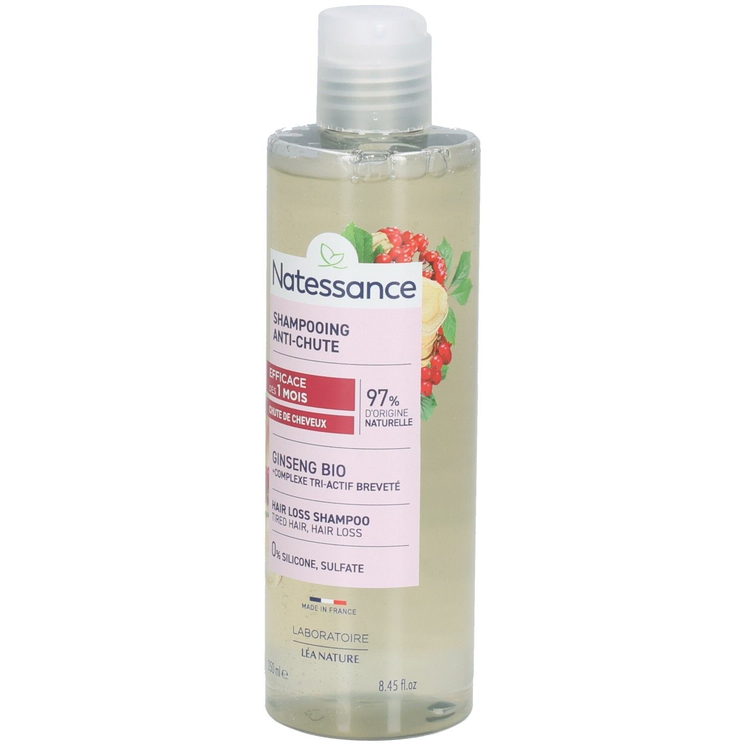 Flacon transparent, bouchon blanc. Étiquette avec nom du produit, ingrédients et logo. 97% ingrédients naturels.
