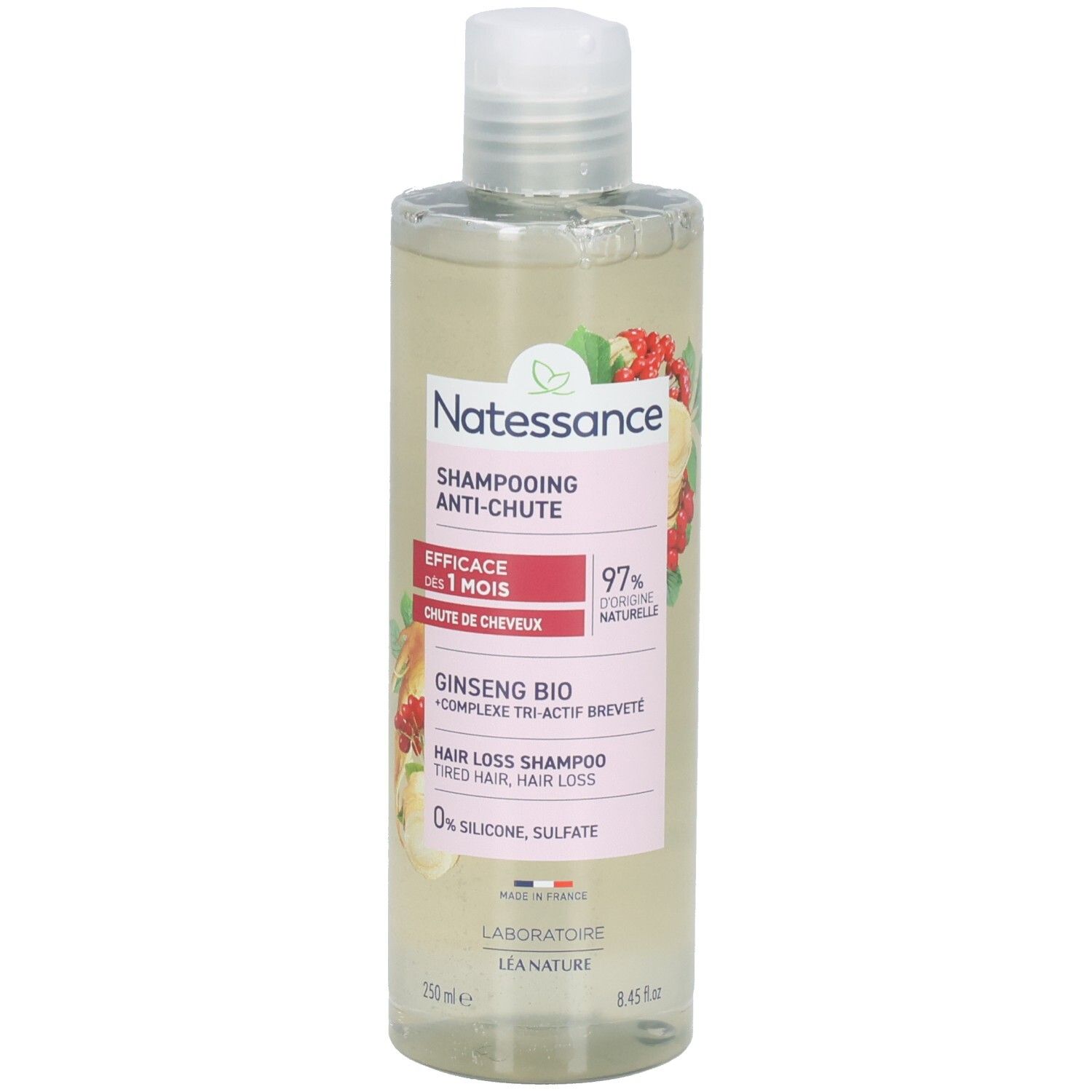 Flacon transparent, bouchon blanc. Étiquette avec nom du produit, ingrédients et logo. 97% ingrédients naturels.