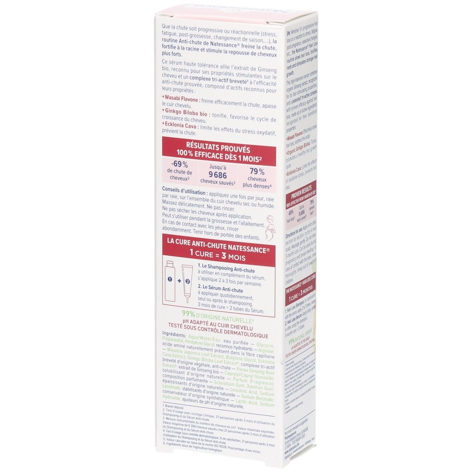 Boîte de sérum anti-chute. Texte en français. Détails sur les ingrédients et l'utilisation. Cure 3 mois.