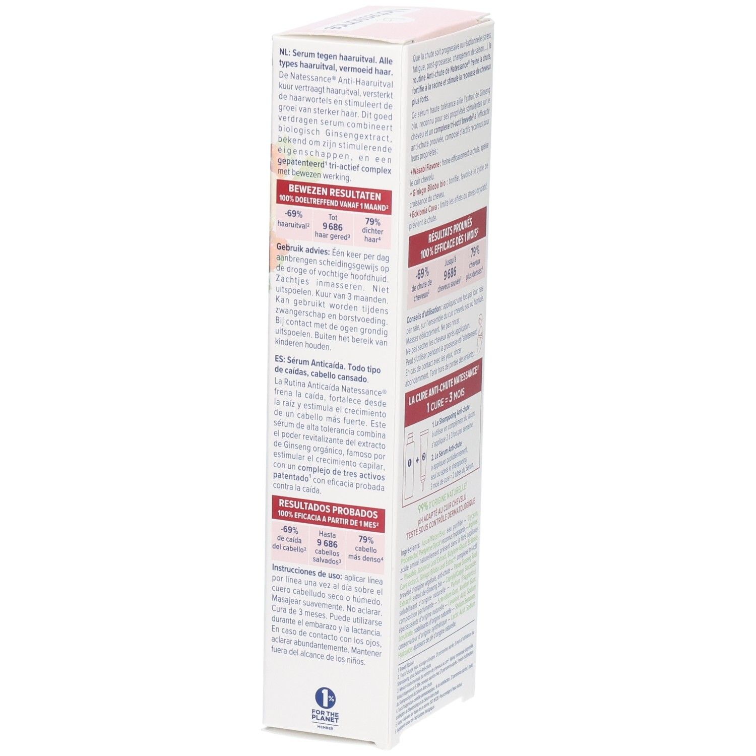 Boîte de sérum anti-chute. Texte en néerlandais et espagnol. Détails sur les ingrédients et l'utilisation. Cure 3 mois.