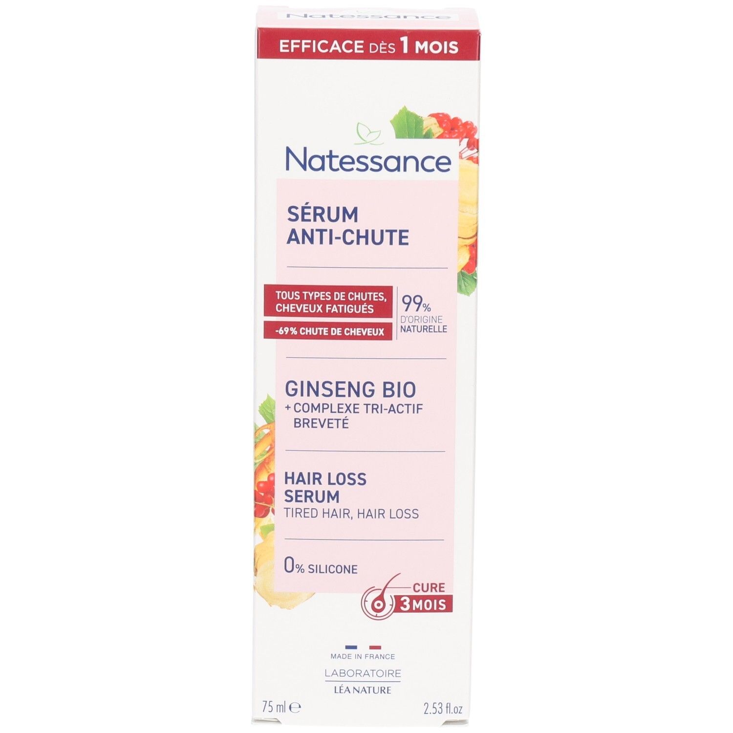 Boîte de sérum anti-chute Natessance. Ingrédients: Ginseng Bio. Texte: Hair Loss Serum. 0% silicone. Cure 3 mois. 75ml.