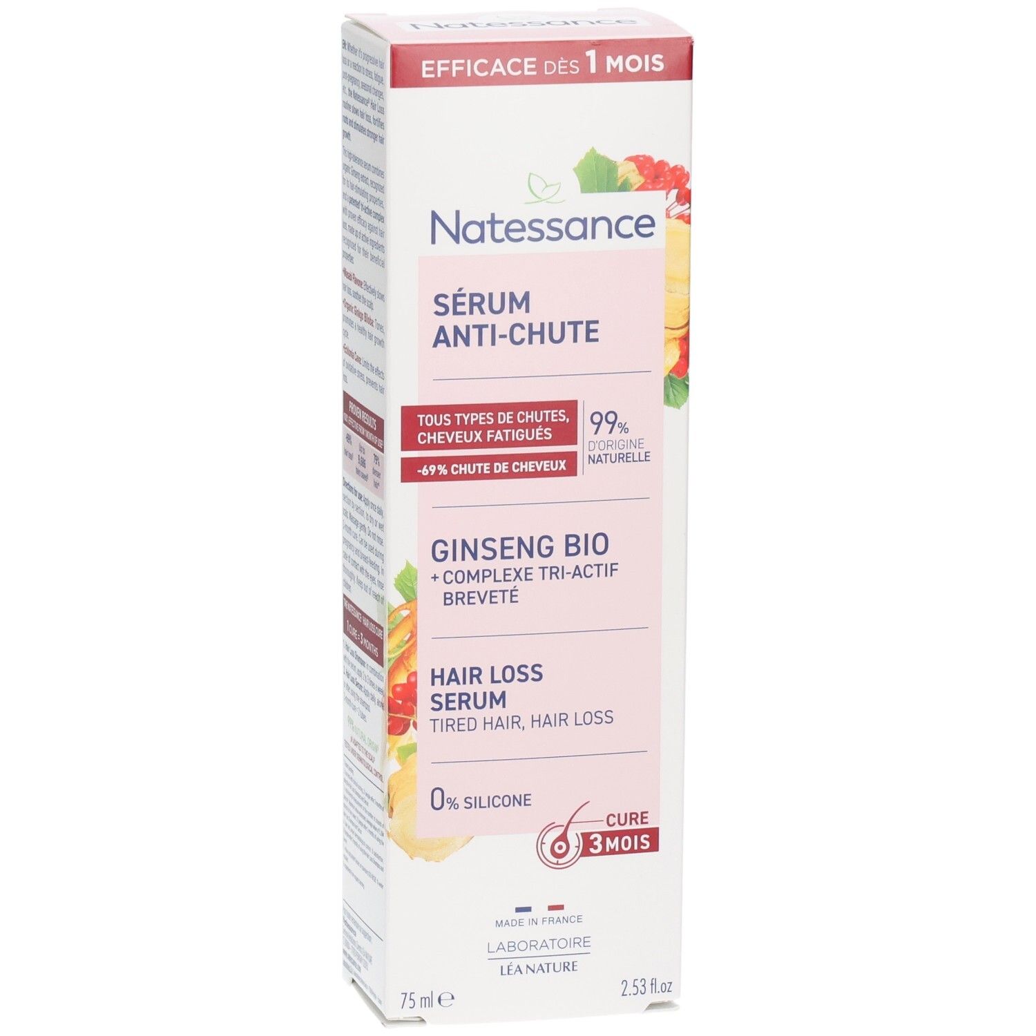 Boîte de sérum anti-chute Natessance. Ingrédients: Ginseng Bio. Texte: Hair Loss Serum. 0% silicone. Cure 3 mois. 75ml.
