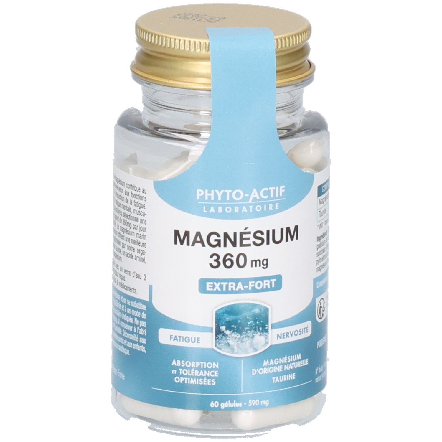 Flacon en verre avec gélules. Étiquette avec informations produit: PHYTO-ACTIF MAGNESIUM 360 mg. Extra-Fort. 60 gélules.