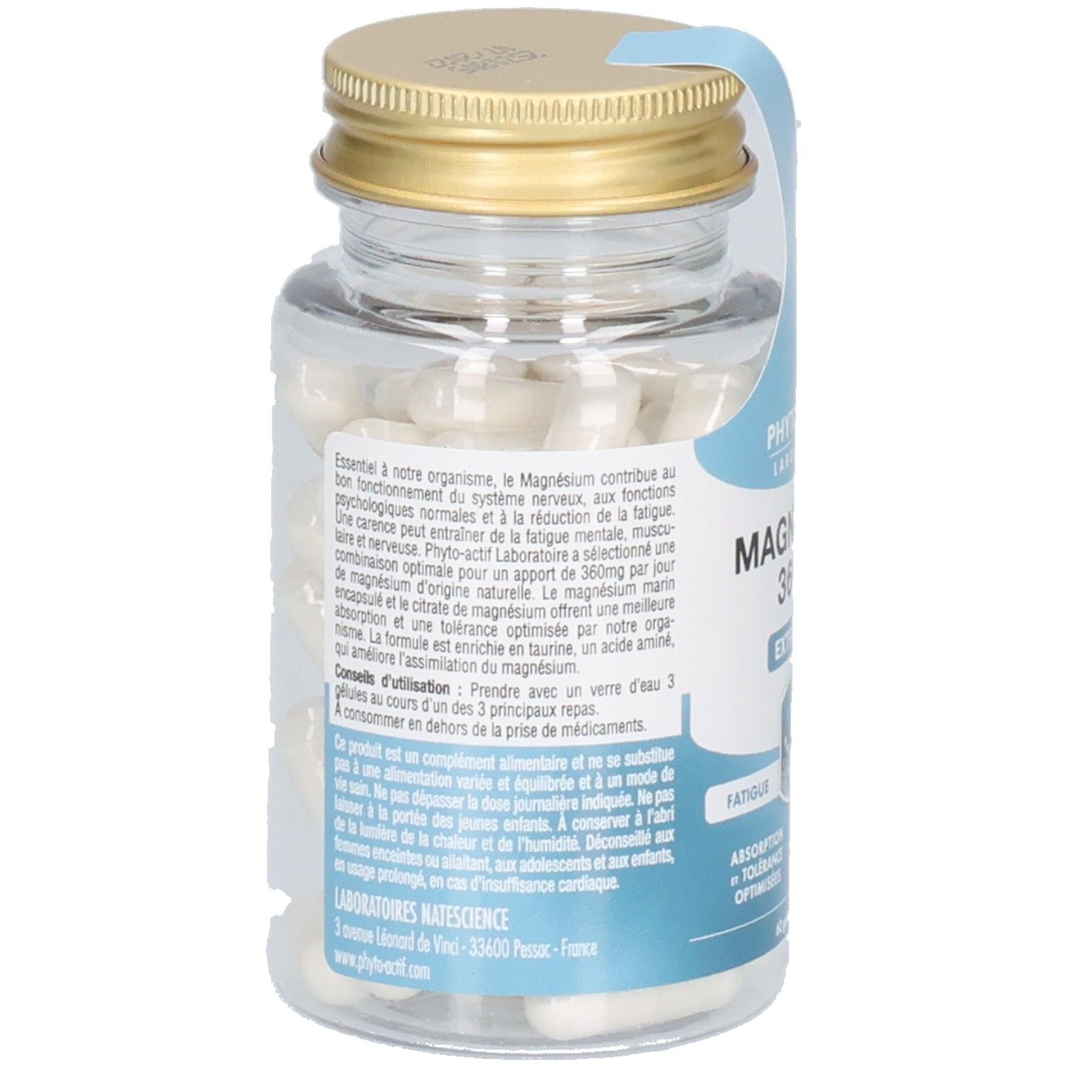 Vue arrière du flacon en verre avec gélules. Étiquette avec informations produit et ingrédients. Bouchon doré.