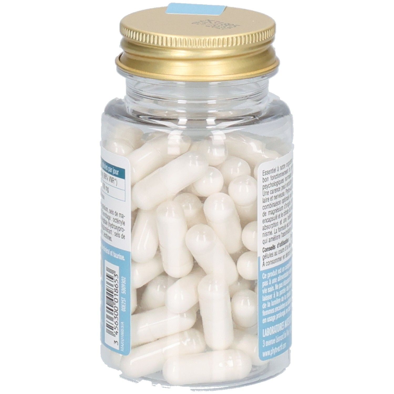 Flacon en verre avec gélules blanches. Bouchon doré. Gélules visibles.