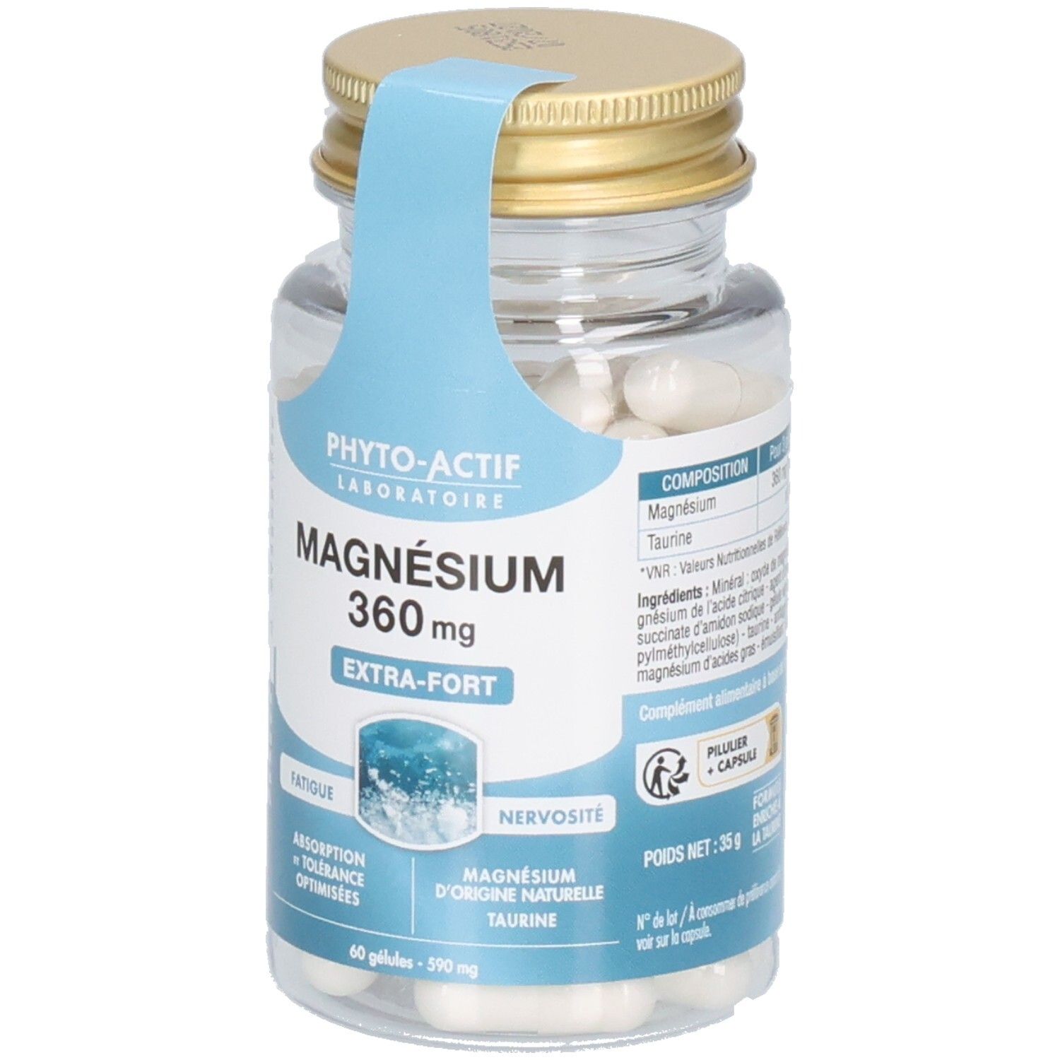 Flacon en verre avec gélules. Étiquette avec informations produit: PHYTO-ACTIF MAGNESIUM 360 mg. Extra-Fort. 60 gélules.
