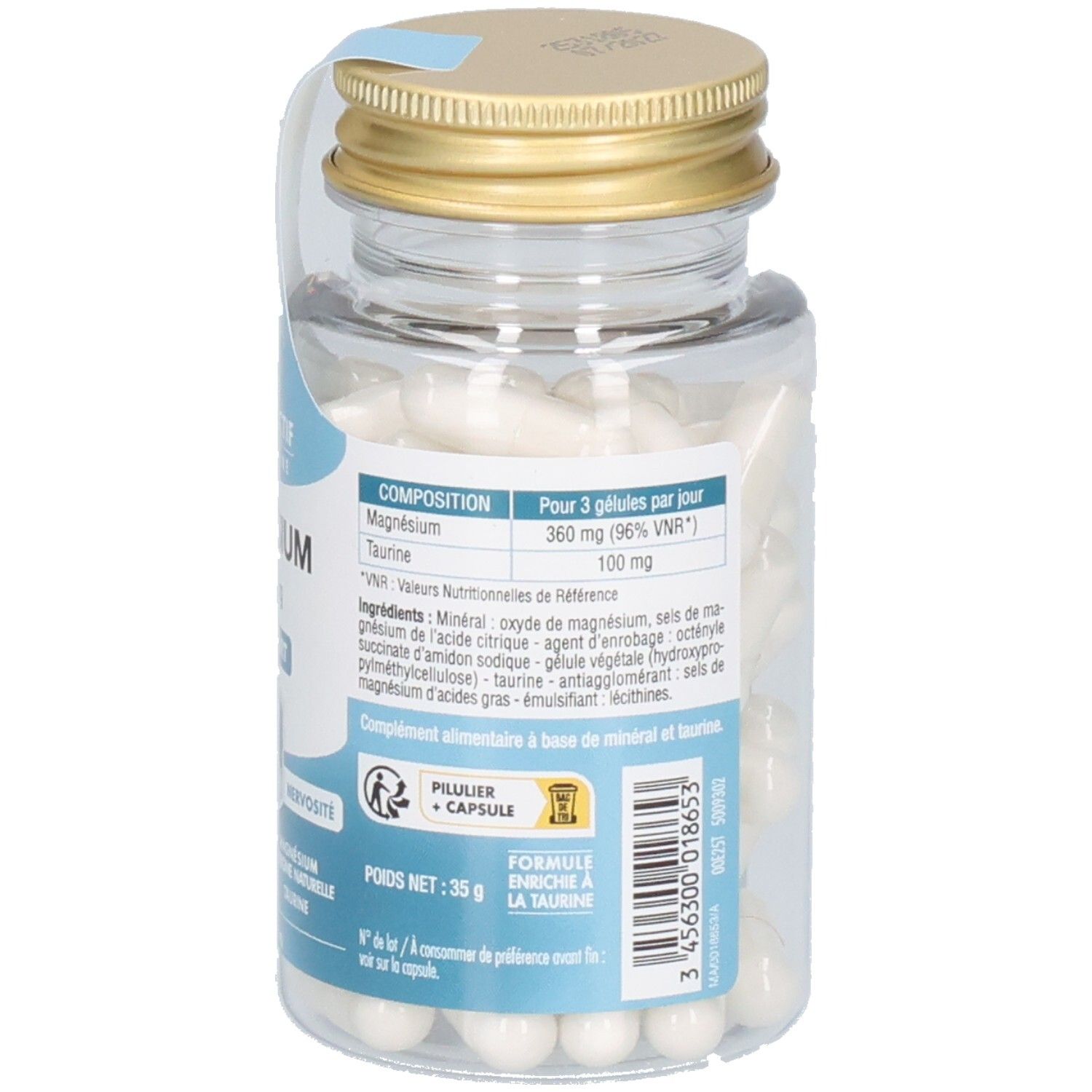 Vue arrière du flacon en verre avec gélules. Étiquette avec ingrédients et informations nutritionnelles. Bouchon doré.