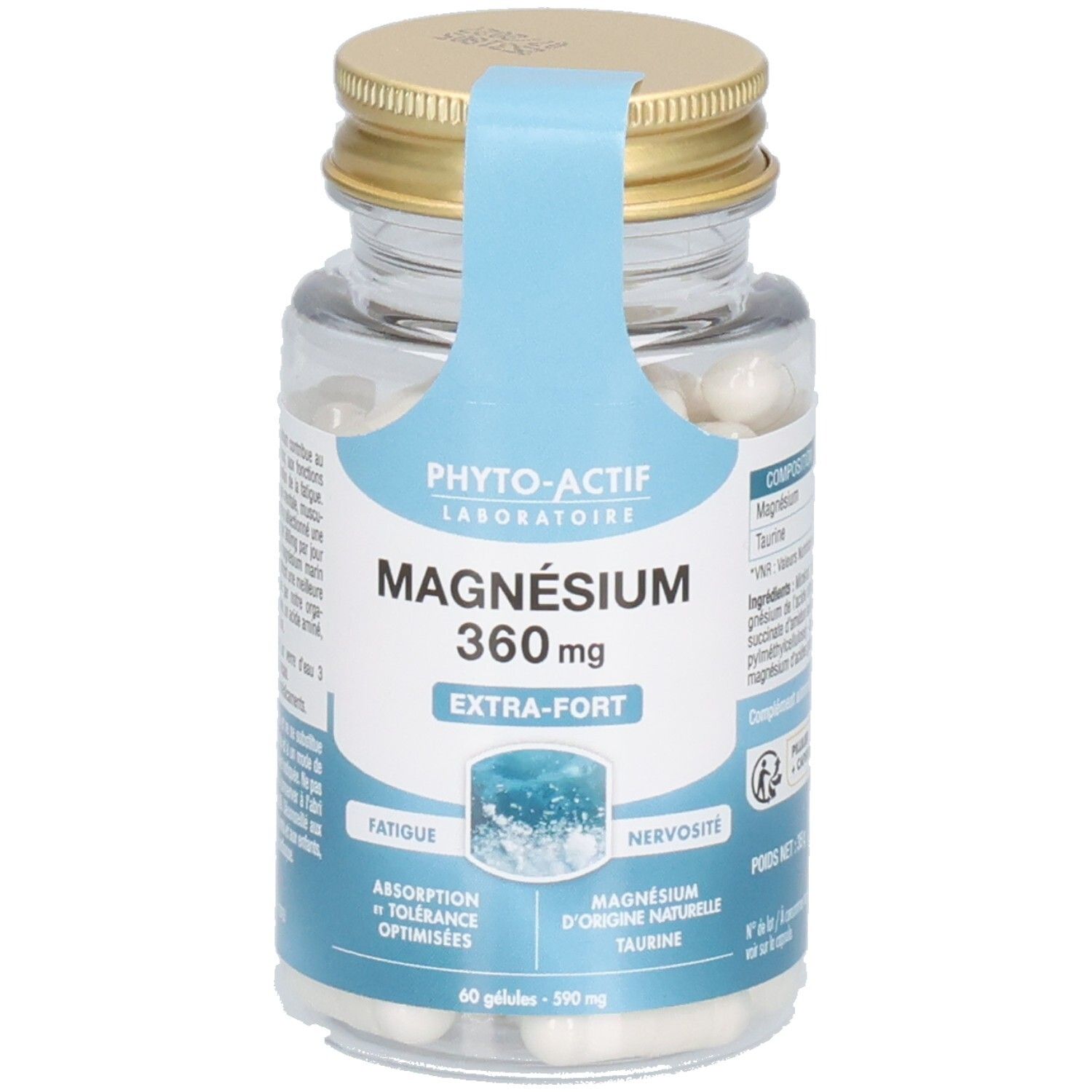 Flacon en verre avec gélules. Étiquette avec informations produit: PHYTO-ACTIF MAGNESIUM 360 mg. Extra-Fort. 60 gélules.