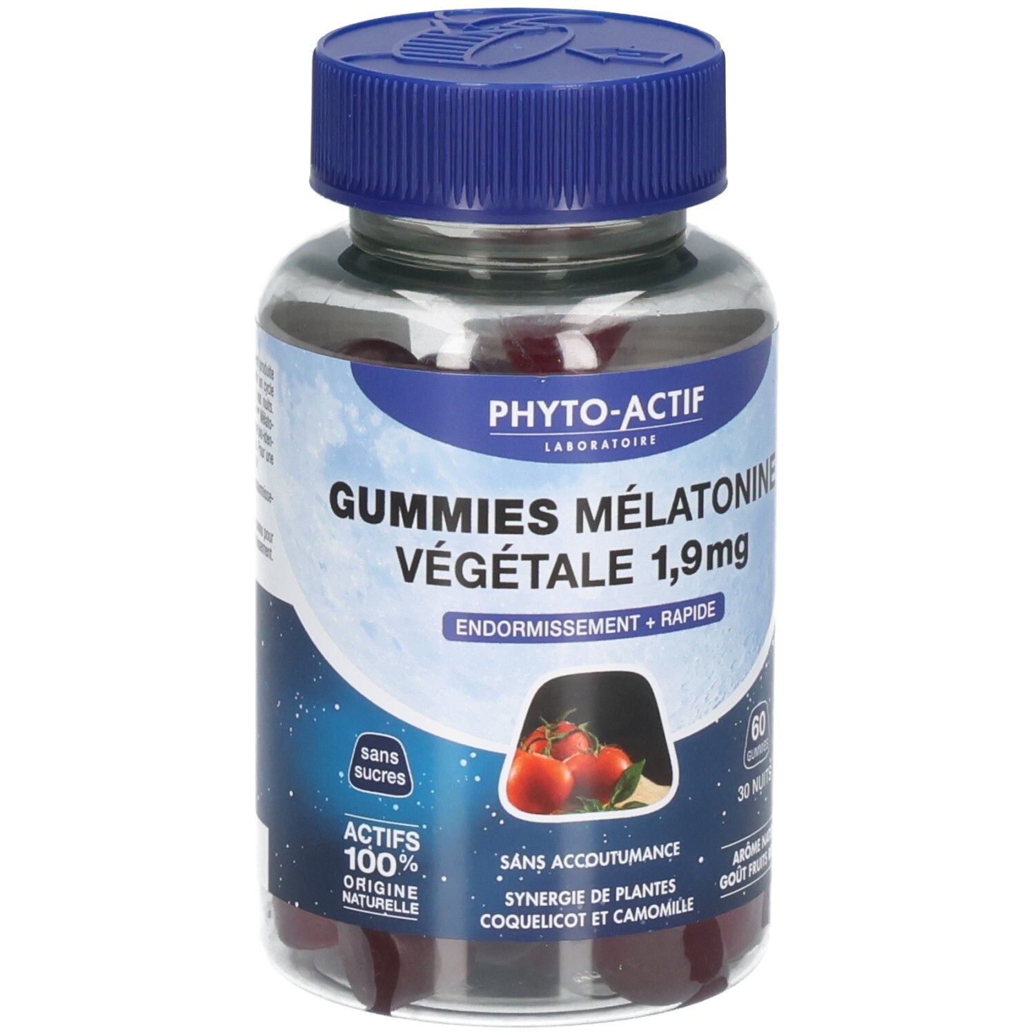 Flacon transparent de gummies rouges. Inscription: PHYTO-ACTIF, GUMMIES MÉLATONINE VÉGÉTALE 1,9mg. Bouchon bleu.