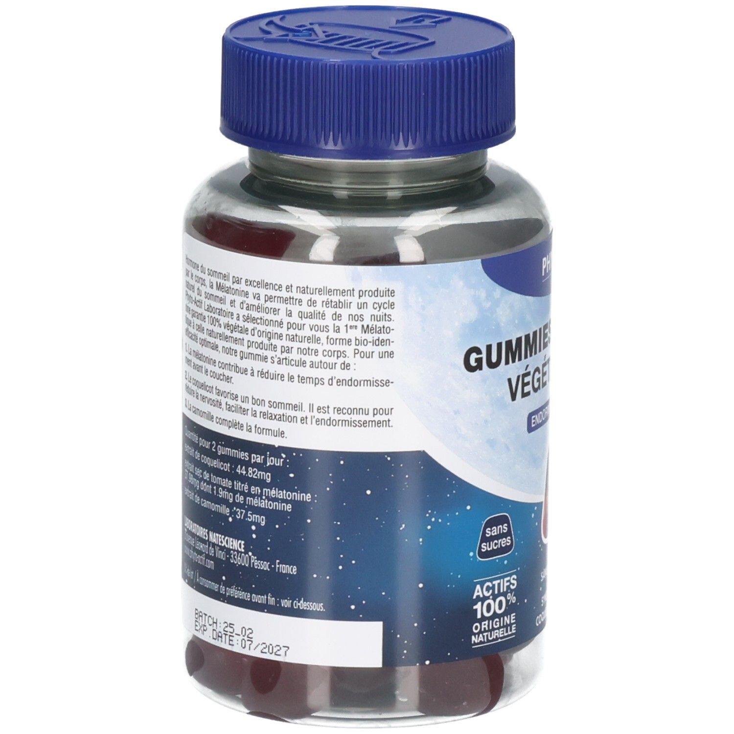 Dos du flacon avec texte. Inscription: PHYTO-ACTIF, GUMMIES MÉLATONINE VÉGÉTALE. Contient 60 gummies. Bouchon bleu.