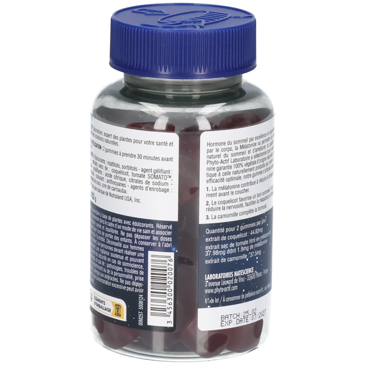Dos du flacon avec texte. Inscription: PHYTO-ACTIF, GUMMIES MÉLATONINE VÉGÉTALE. Contient 60 gummies. Bouchon bleu.