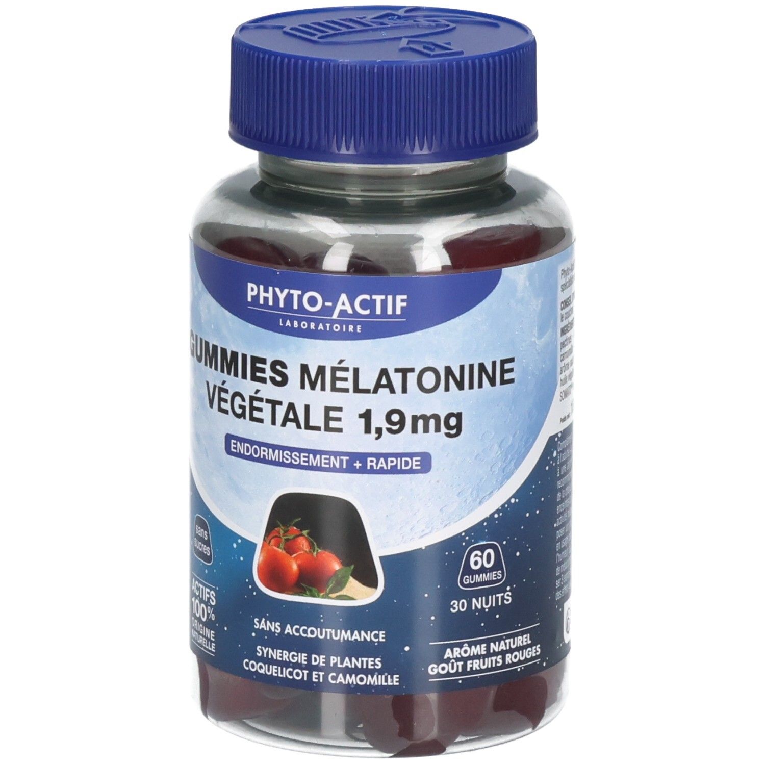 Flacon transparent de gummies rouges. Inscription: PHYTO-ACTIF, GUMMIES MÉLATONINE VÉGÉTALE 1,9mg. Bouchon bleu.