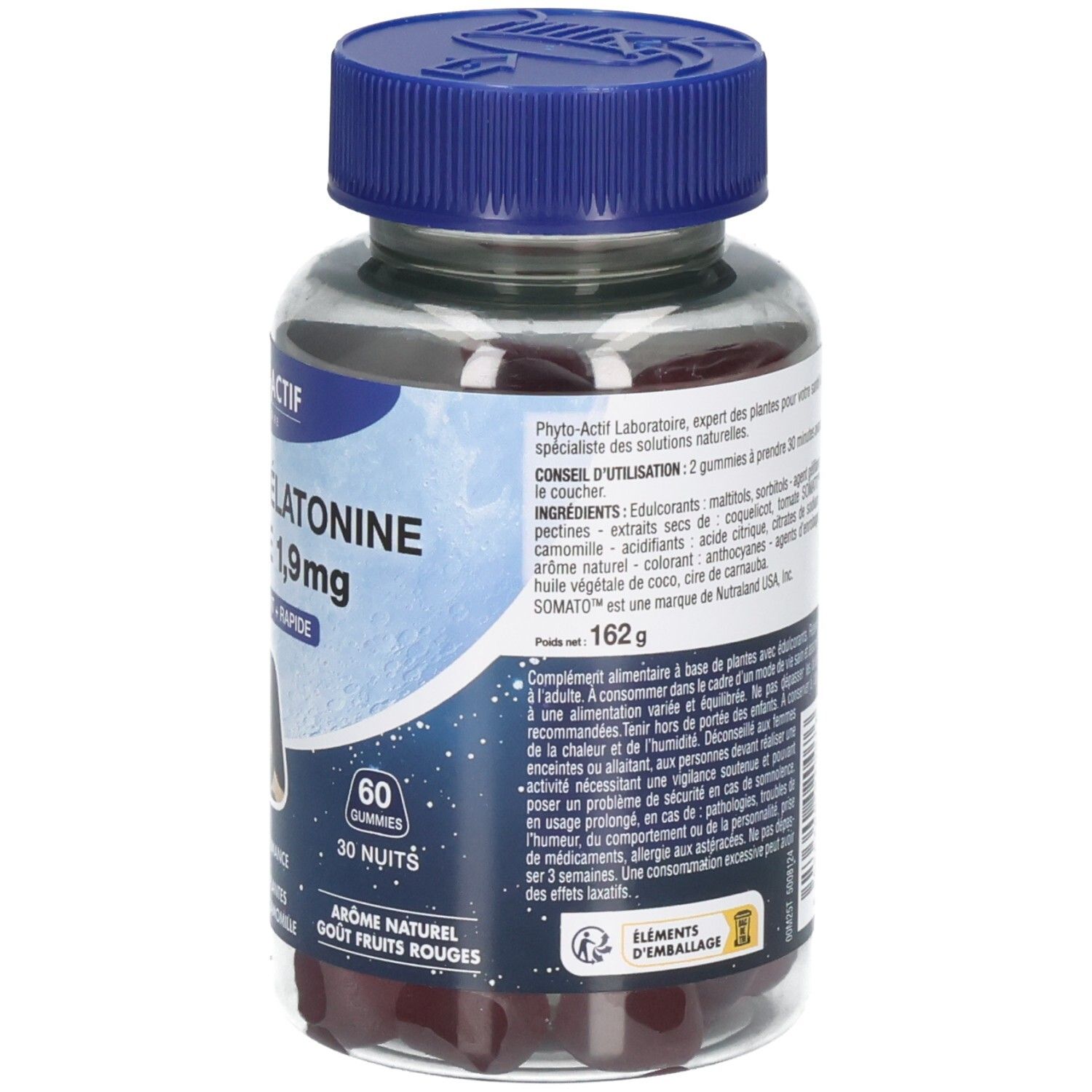 Dos du flacon avec texte. Inscription: PHYTO-ACTIF, GUMMIES MÉLATONINE VÉGÉTALE 1,9mg. Contient 60 gummies. Bouchon bleu.
