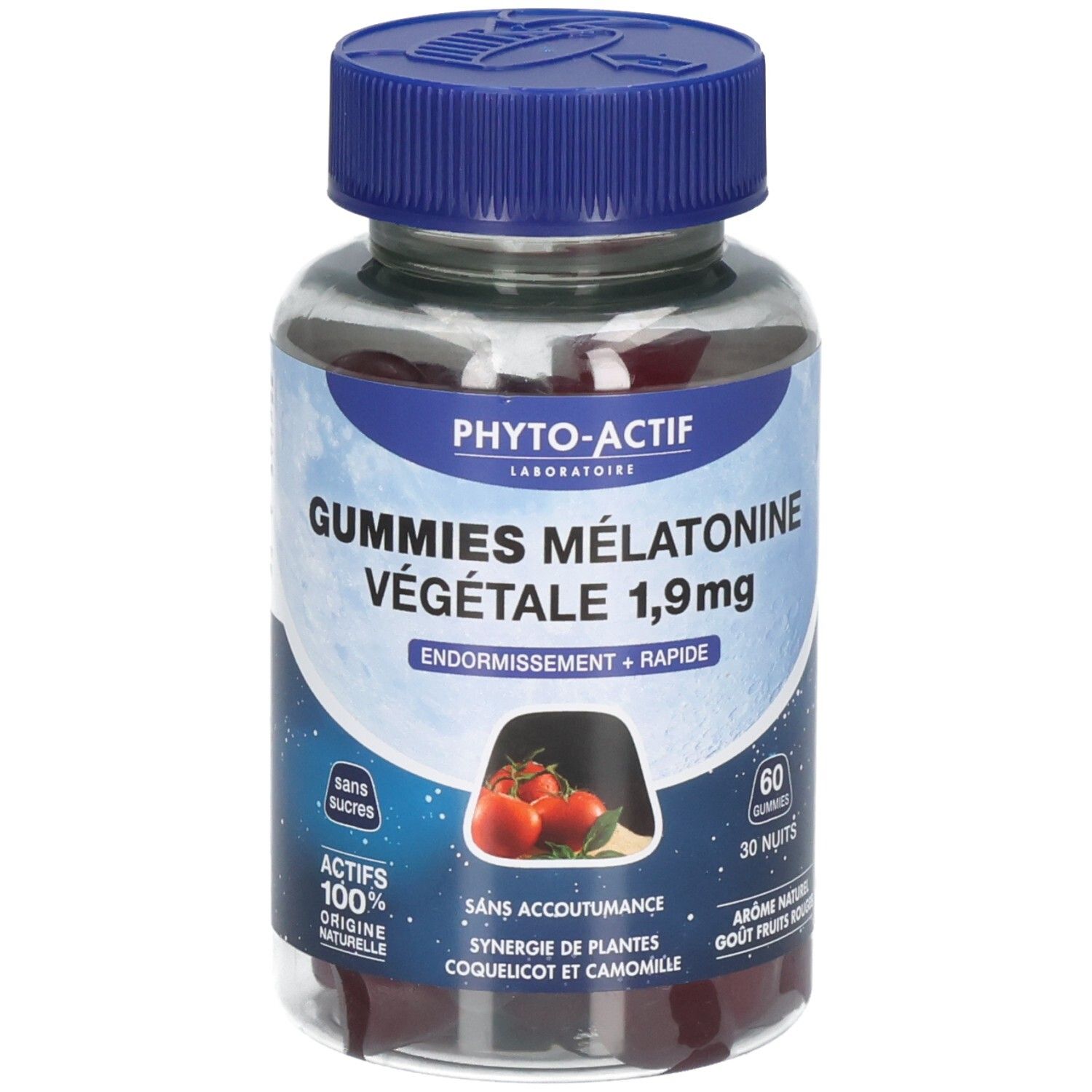 Flacon transparent de gummies rouges. Inscription: PHYTO-ACTIF, GUMMIES MÉLATONINE VÉGÉTALE 1,9mg. Bouchon bleu.