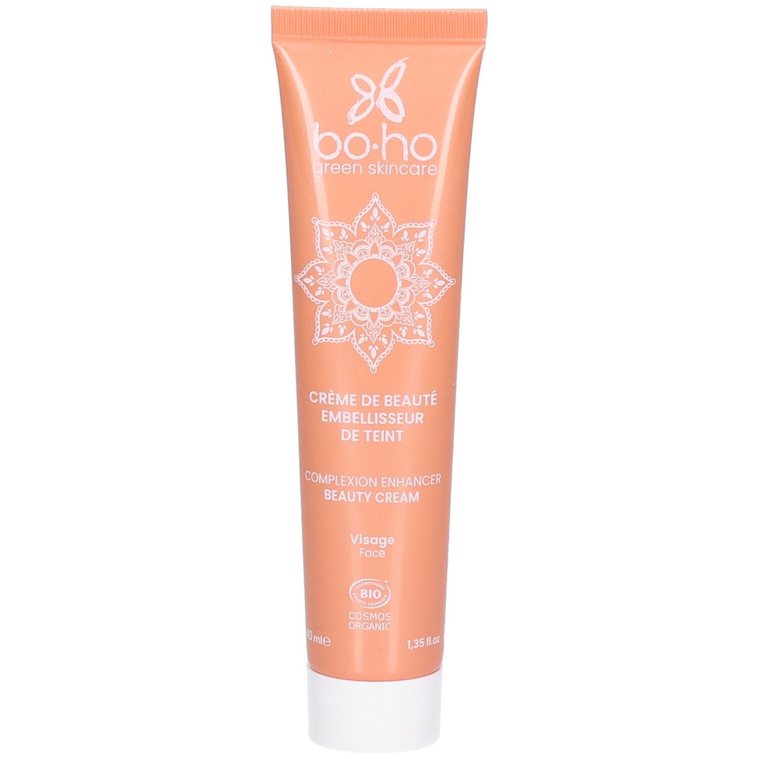 Tube orange avec inscription blanche : "Boho Green Skincare", "Crème de beauté embellisseur de teint".