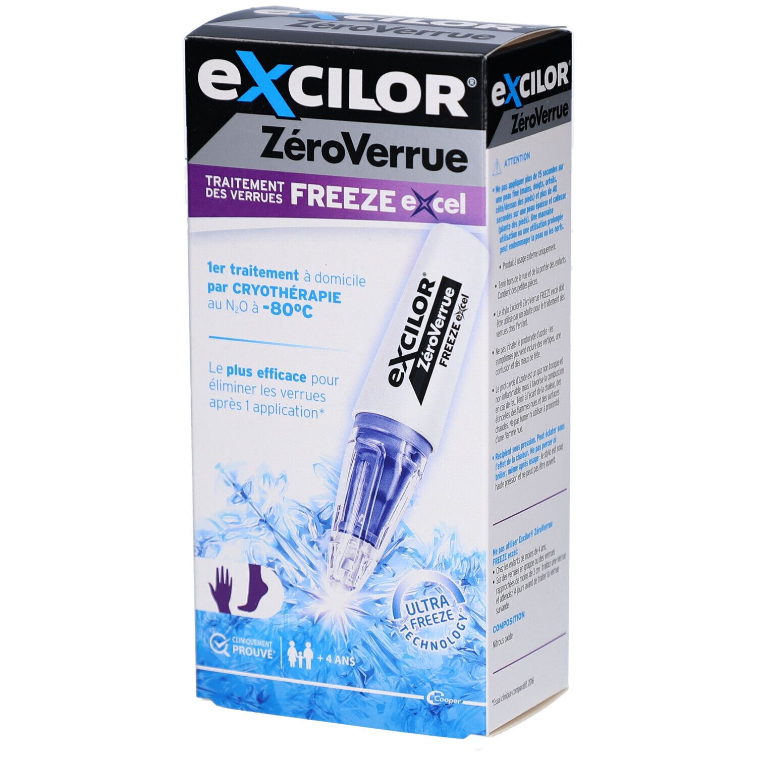 Boîte avec nom du produit et illustration. Contient des informations sur la cryothérapie et l'âge.