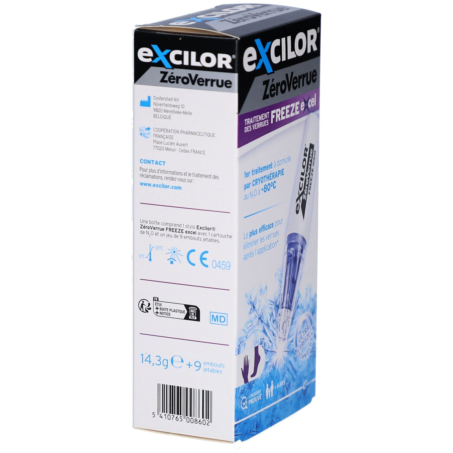 Vue latérale de l'emballage avec informations sur le produit, composition et marquage CE.