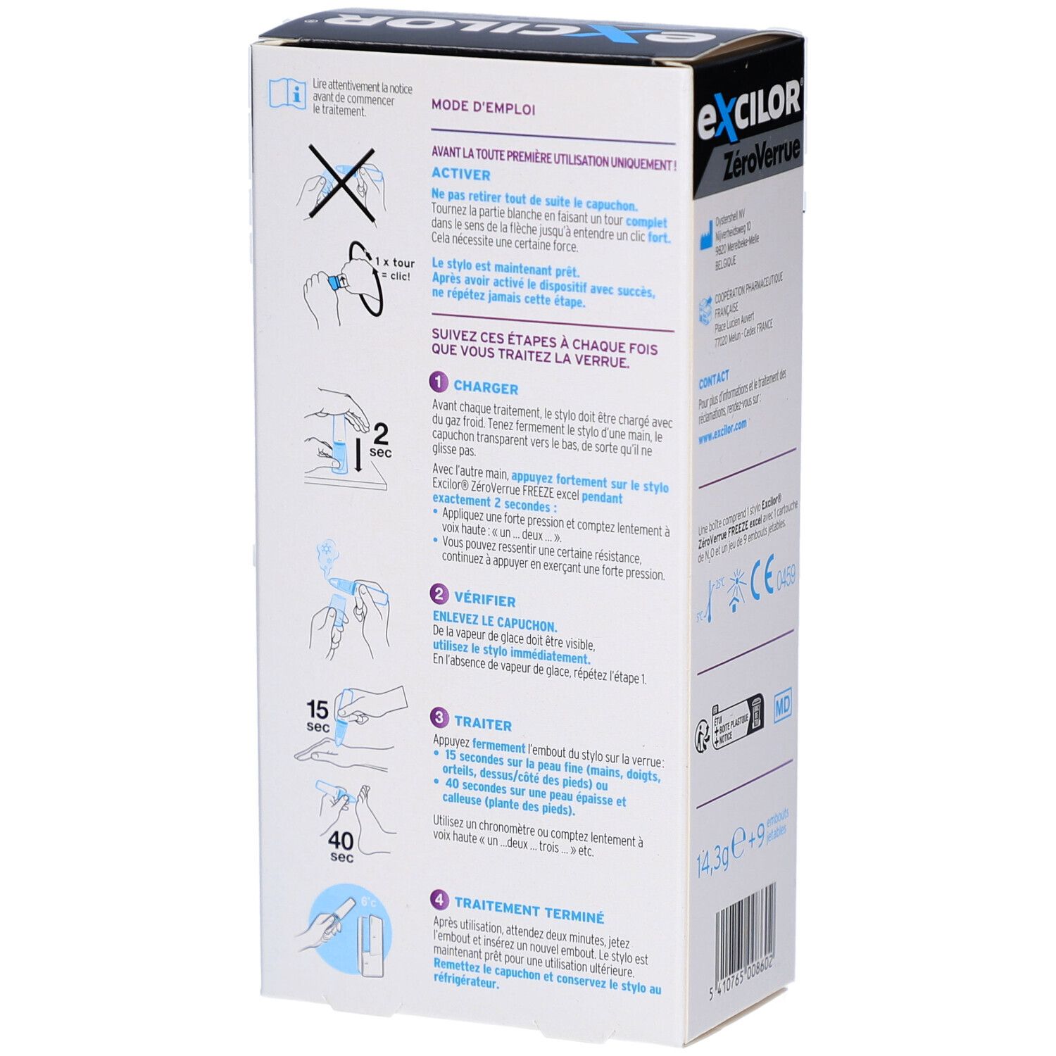 Dos de l'emballage avec instructions d'utilisation et pictogrammes.