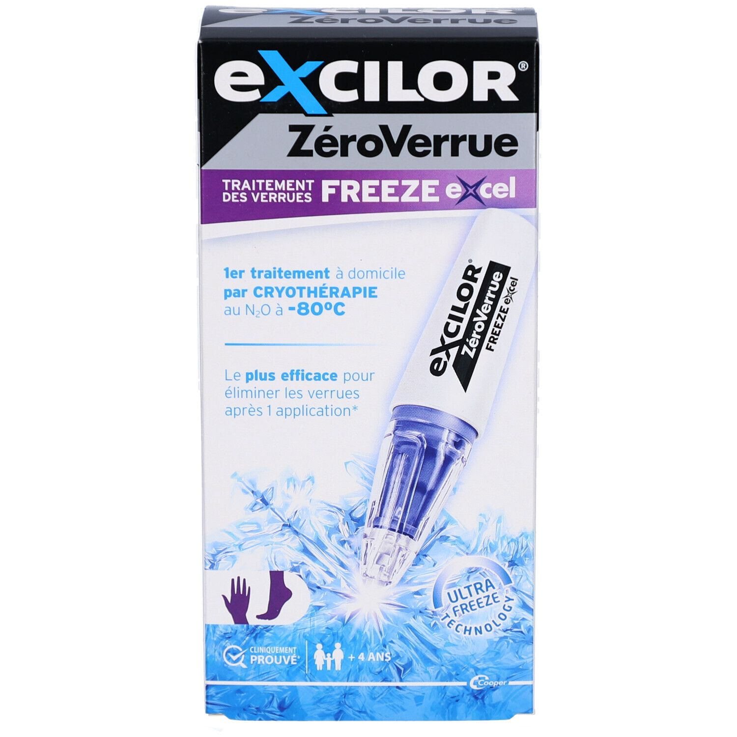 Vue de face de l'emballage avec nom du produit et illustration. Contient des informations sur la cryothérapie.