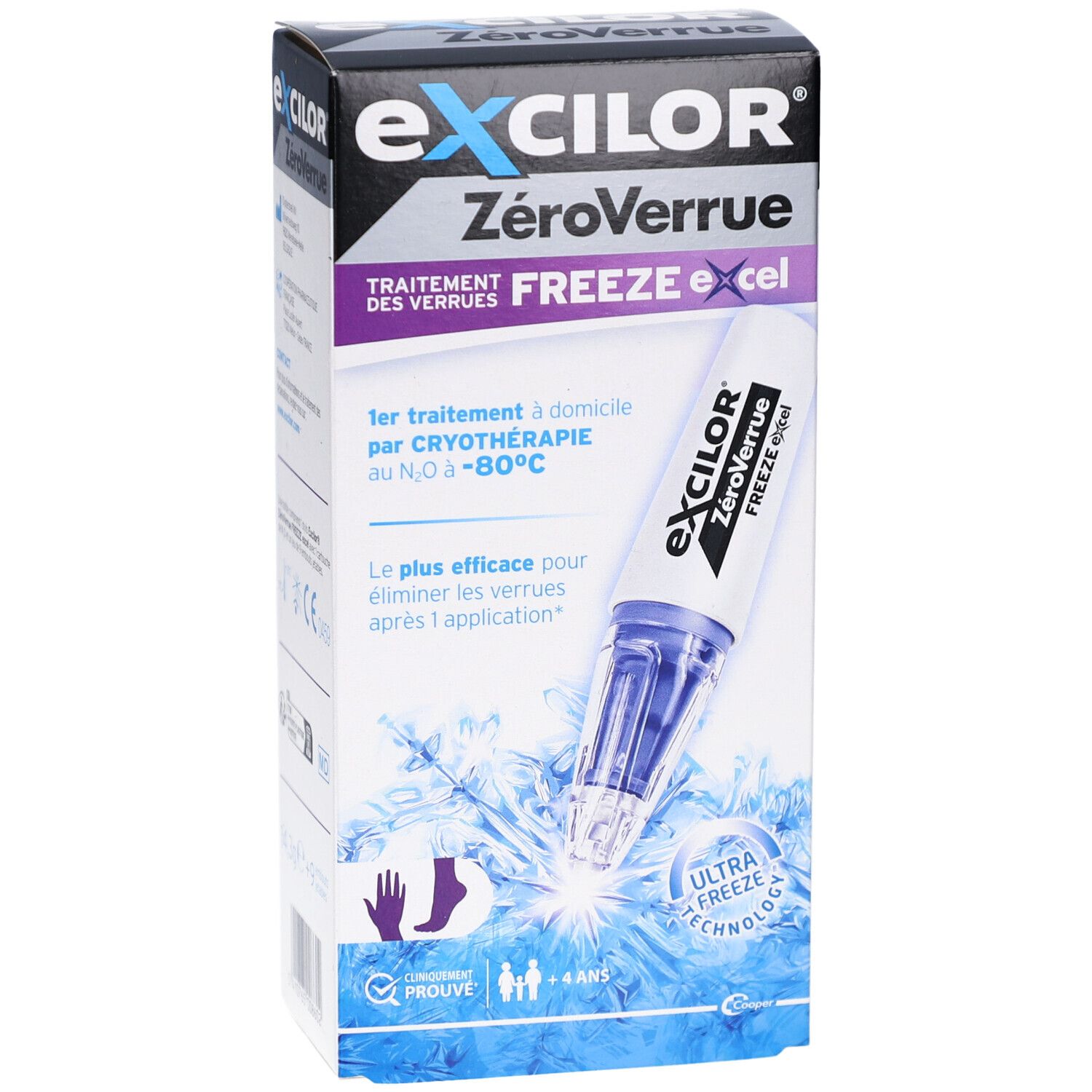 Vue de face de l'emballage avec nom du produit et illustration. Contient des informations sur la cryothérapie.