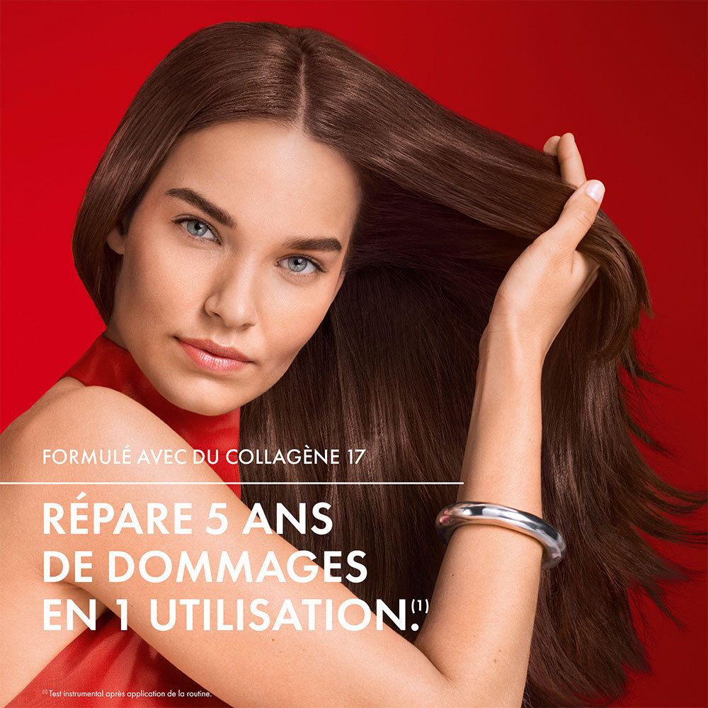 Femme aux cheveux bruns. Texte: FORMULÉ AVEC DU COLLAGÈNE 17. RÉPARE 5 ANS DE DOMMAGES EN 1 UTILISATION!