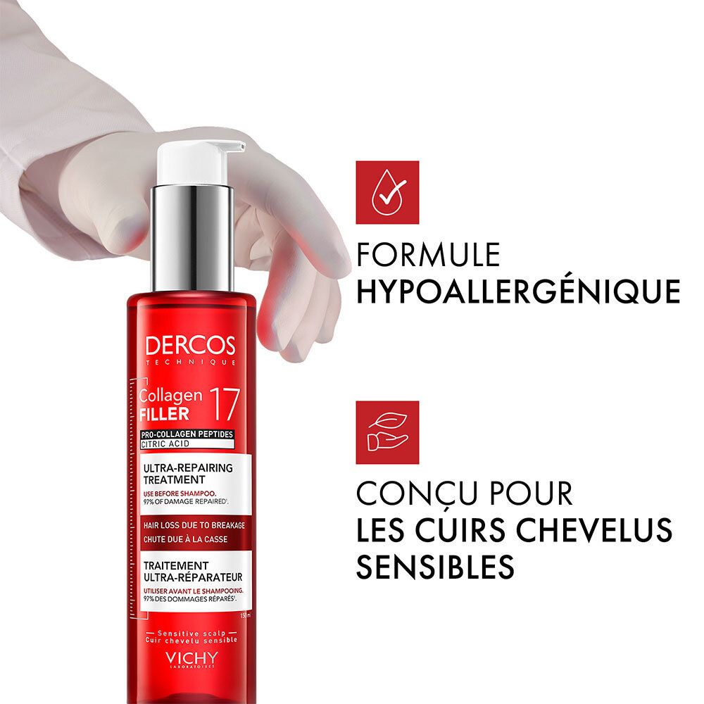 Produit avec texte et symboles. Texte: FORMULE HYPOALLERGÉNIQUE. CONÇU POUR LES CUIRS CHEVELUS SENSIBLES.