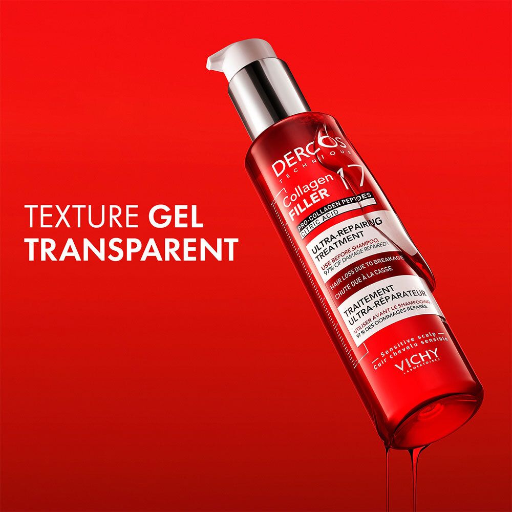 Flacon rouge avec texte. Texte: TEXTURE GEL TRANSPARENT.
