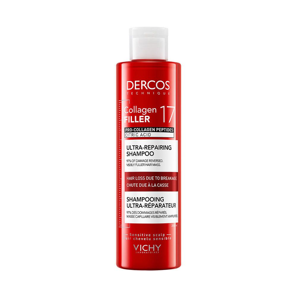 Flacon rouge, bouchon blanc. Inscription: Dercos Technique Collagen Filler 17 Shampoo. Pour cuir chevelu sensible.