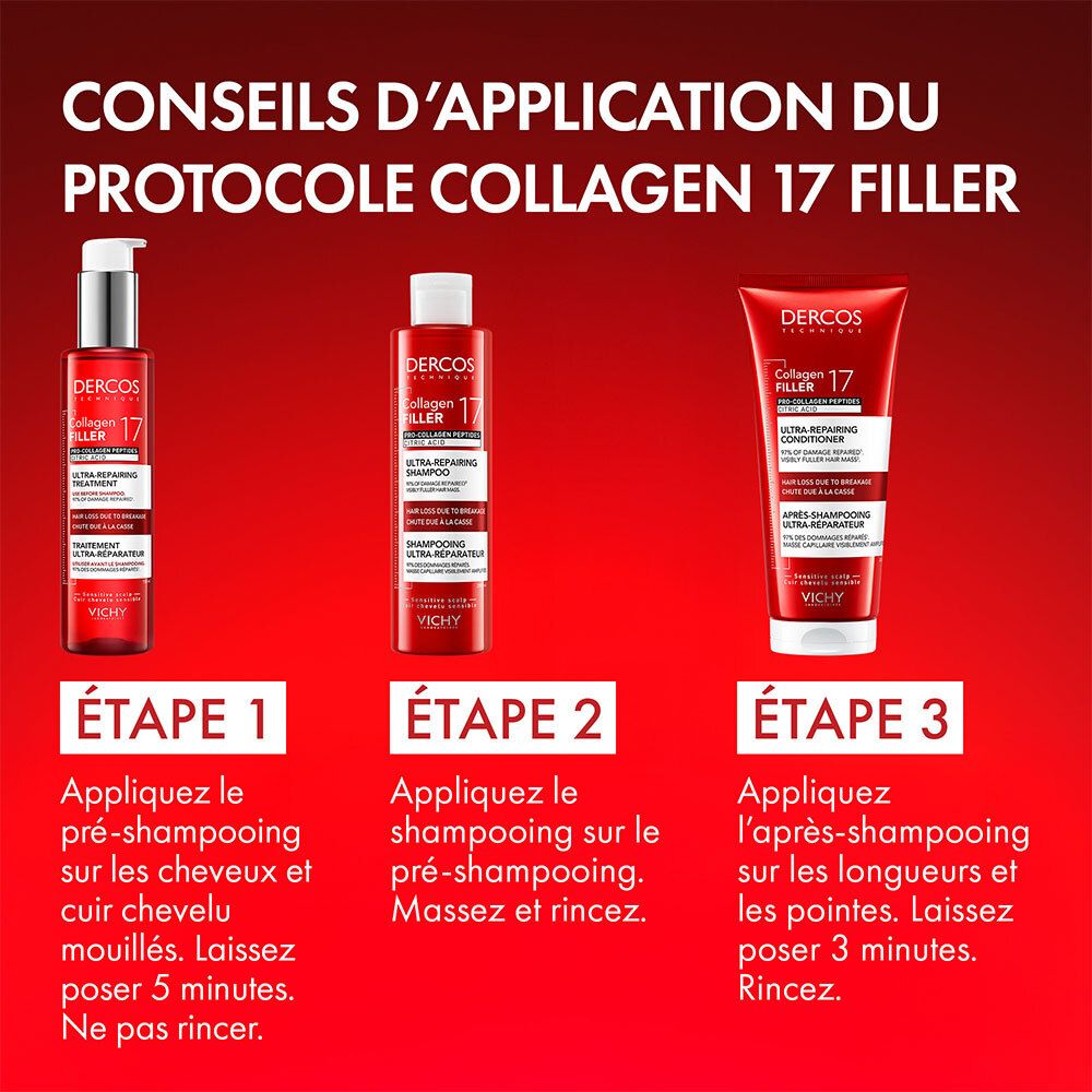 Étapes d'application: 1. Appliquer le pré-shampooing. 2. Appliquer le shampooing. 3. Appliquer l'après-shampooing.