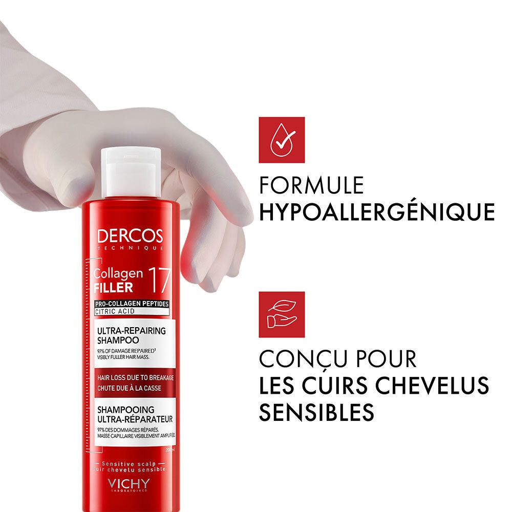 Flacon rouge, bouchon blanc. Texte: Formule hypoallergénique. Conçu pour les cuirs chevelus sensibles.