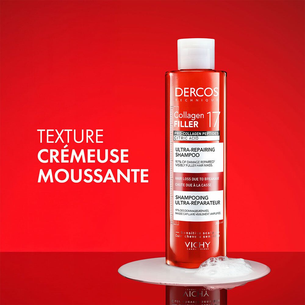 Flacon rouge, bouchon blanc. Texte: Texture crémeuse moussante.